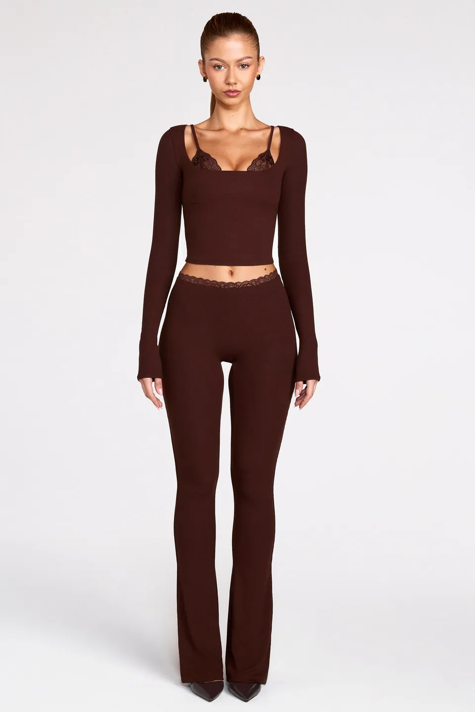 Oh Polly Philippa pantalon flare marron chocolat modal