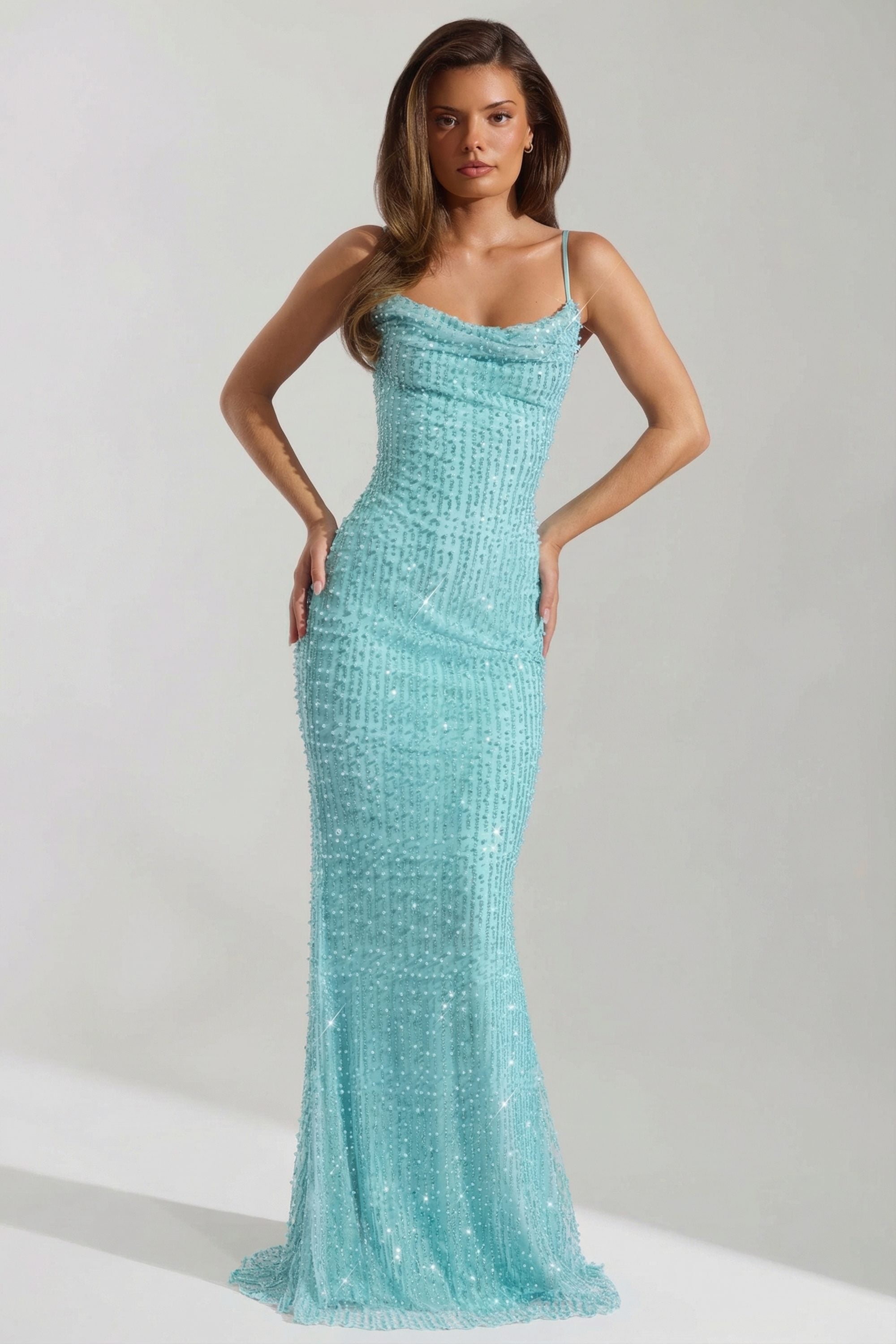 Oh Polly Nivalis Robe Maxi Dos Nu Bleu Aqua Perles