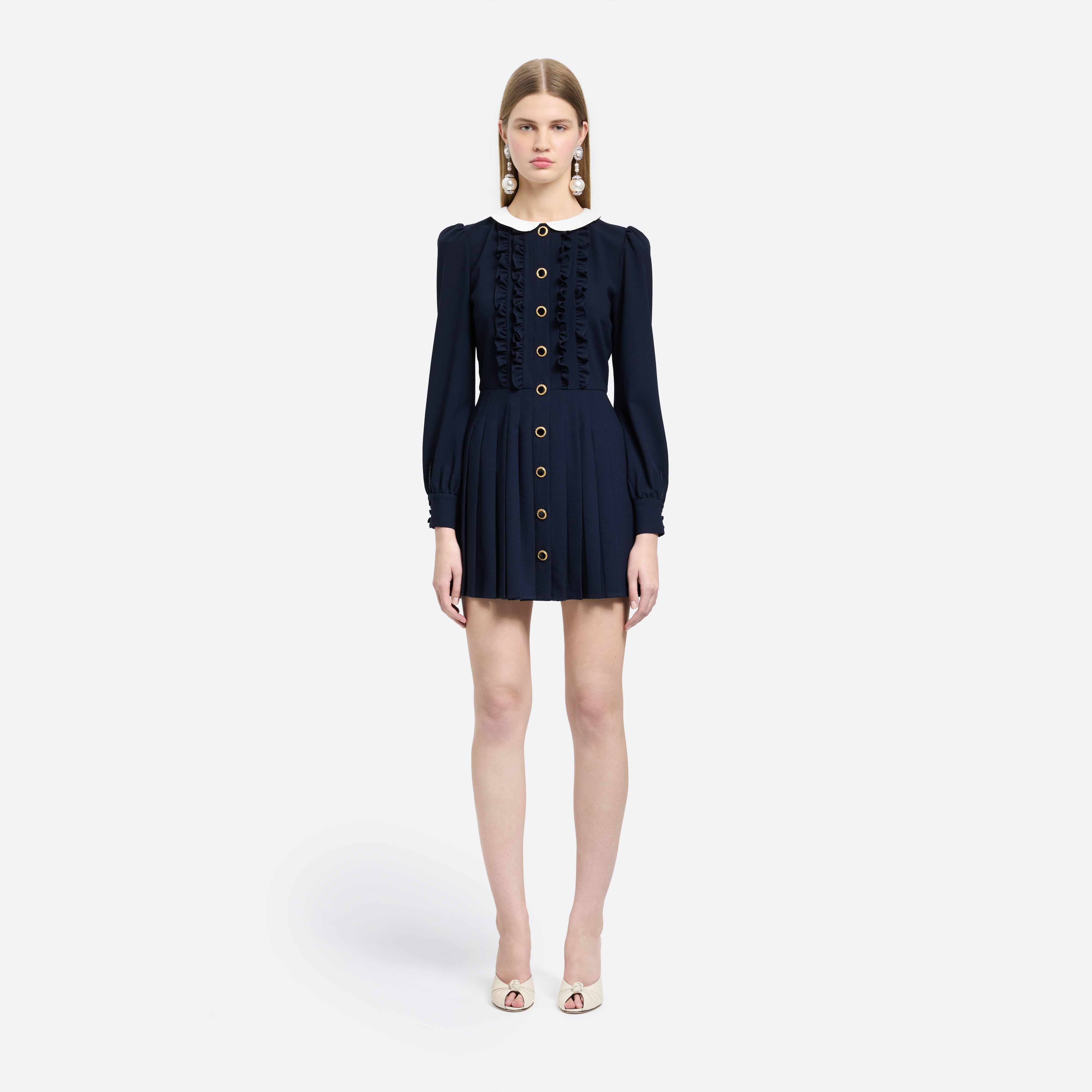 Alessandra Rich Dresses Light Wool Mini Robe bleu marine plissée