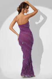 Oh Polly Dulce robe maxi bustier prune volants strass