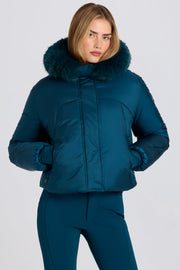 Oh Polly BT2391 veste ski cropped teal fourrure imperméable 18k
