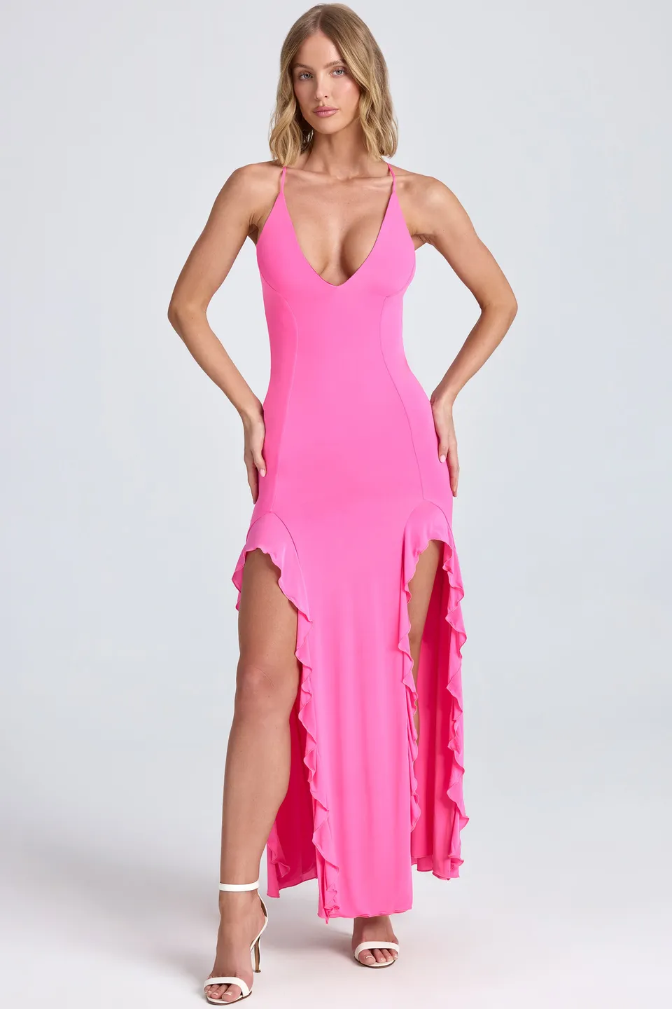 Oh Polly Coraline robe maxi rose bonbon fentes