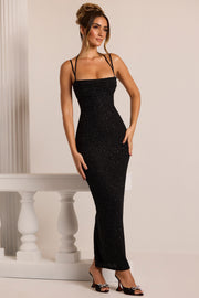 Oh Polly Monte Carlo robe maxi noire perlée col bénitier