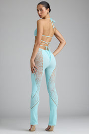 Oh Polly Embellished pantalon évasé Stevie bleu glace strass