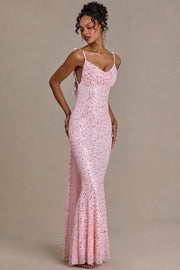 Oh Polly Embellished robe maxi rose bébé sequins traîne