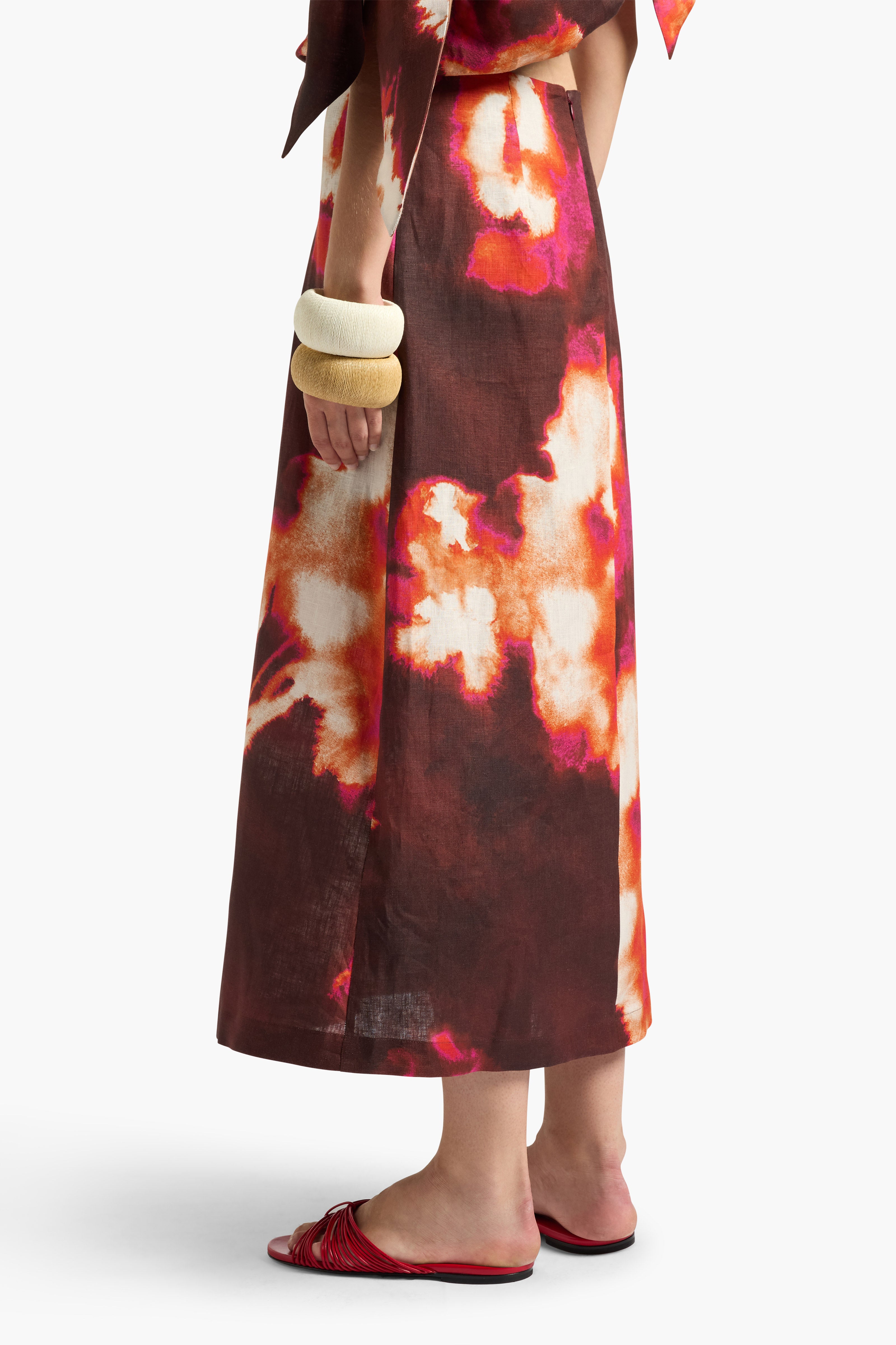 Liviana Conti Diana jupe midi lin bordeaux fleuri