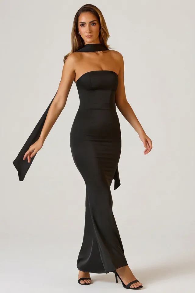 Oh Polly Mandi robe longue bustier noir satin foulard