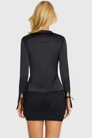 Oh Polly Tops Hettie Chemise Satin Noire Nouée