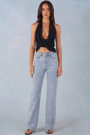 Oh Polly Mid-Rise Straight Jean Droit Denim Clair Fleurs