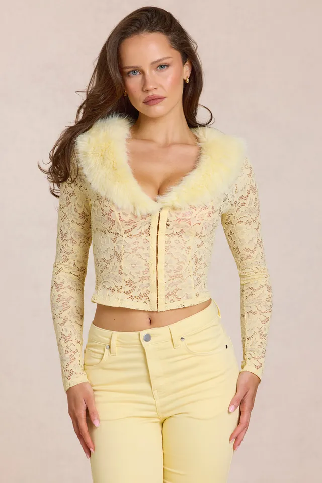 Oh Polly Solaya Cardigan dentelle jaune citron fourrure