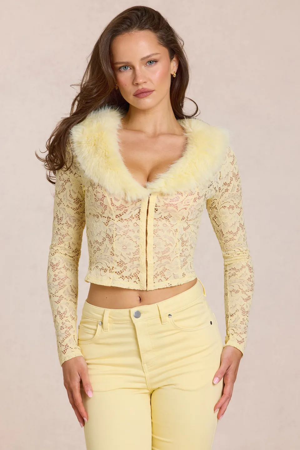 Oh Polly Solaya Cardigan dentelle jaune citron fourrure