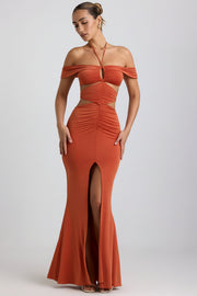 Oh Polly Karleen robe longue orange brûlé fente