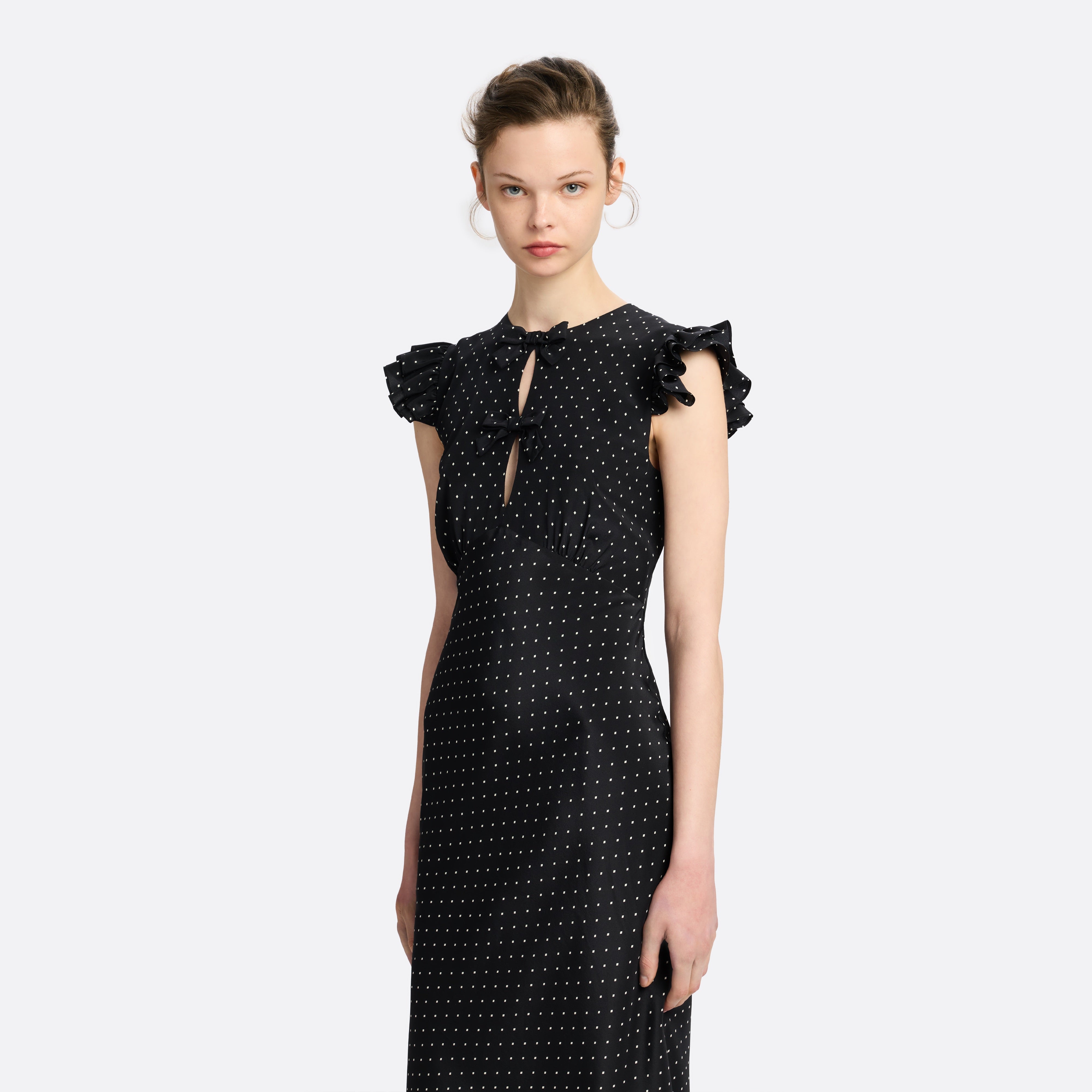 Alessandra Rich robe midi soie volants noir ivoire 36