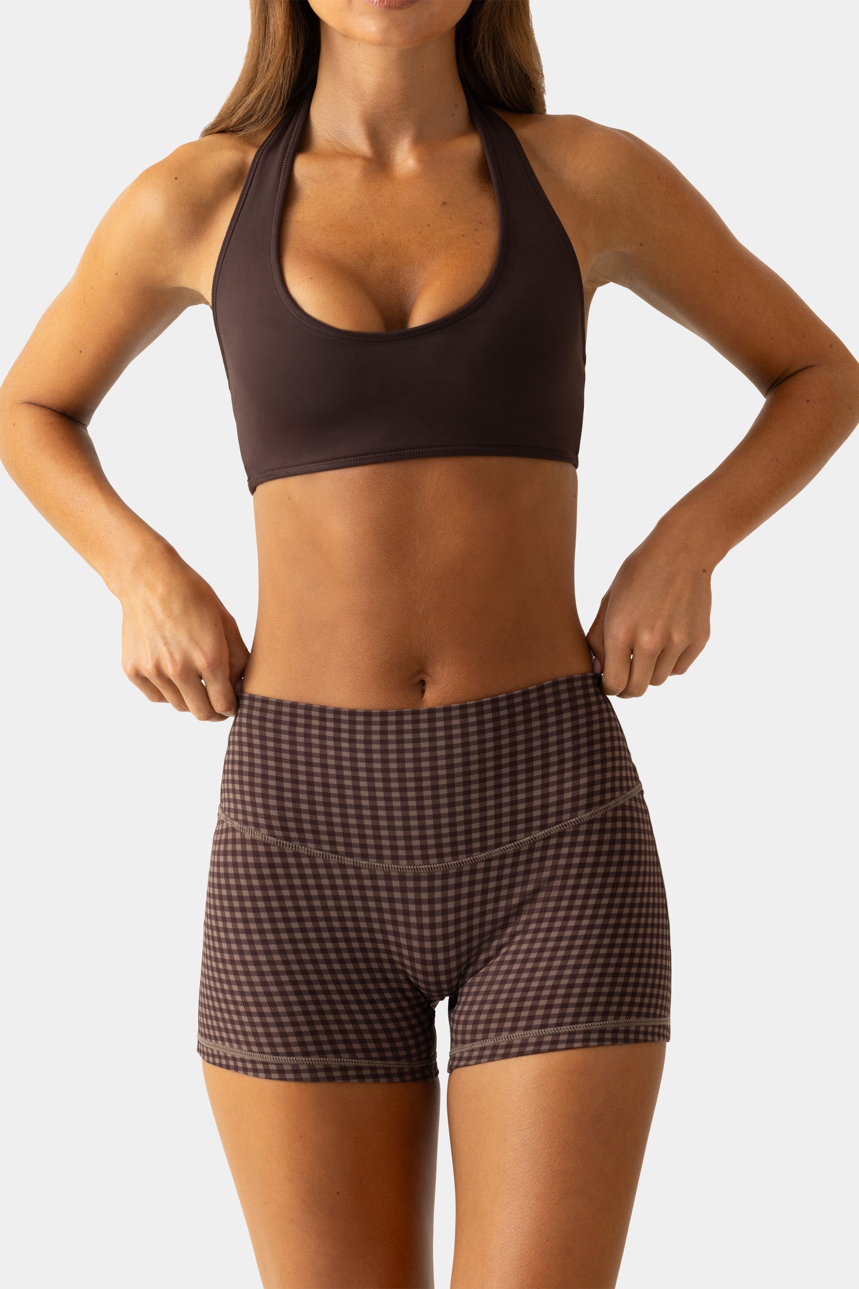 Oh Polly Bo+Tee Soft Active mini short espresso gingham