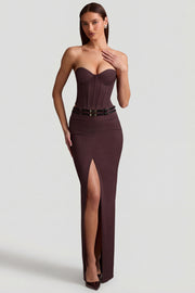 Oh Polly Liora jupe maxi marron chocolat rayée fendue