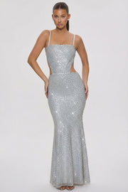 Oh Polly Embellished 12956 robe longue sirène argent Silver