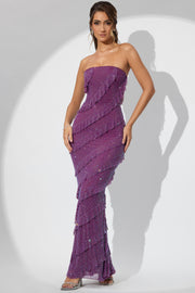 Oh Polly Dulce robe maxi bustier prune volants strass