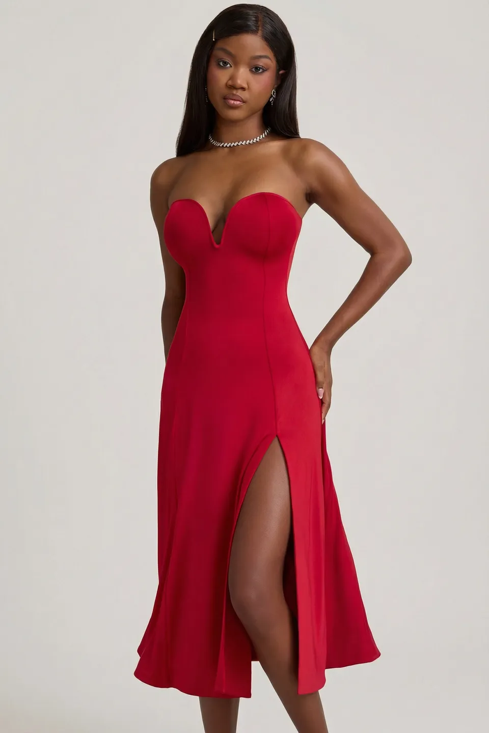 Oh Polly Joely robe bustier rouge jersey fente midaxi