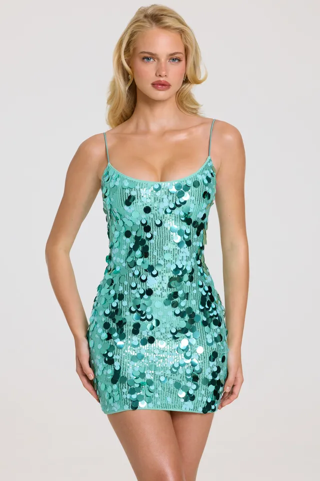 Oh Polly Embellished Adi Mini Robe Vert d'eau sequins