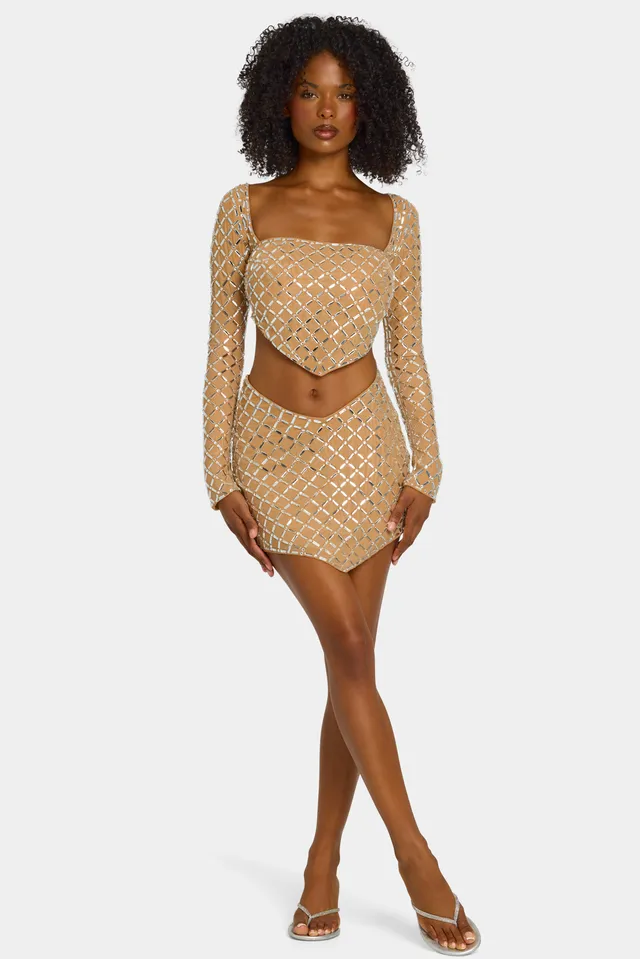 Oh Polly Veah Mini Jupe Miel Strass Asymétrique