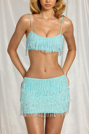 Oh Polly Skirts Nessa mini jupe bleu aqua à franges perlées