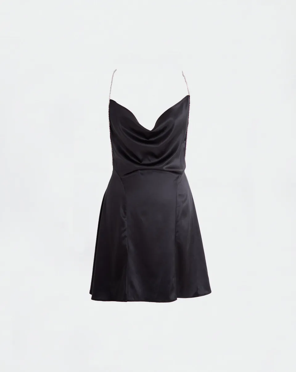 The Ethiquette Jenna Black Dress robe satin soie noire S