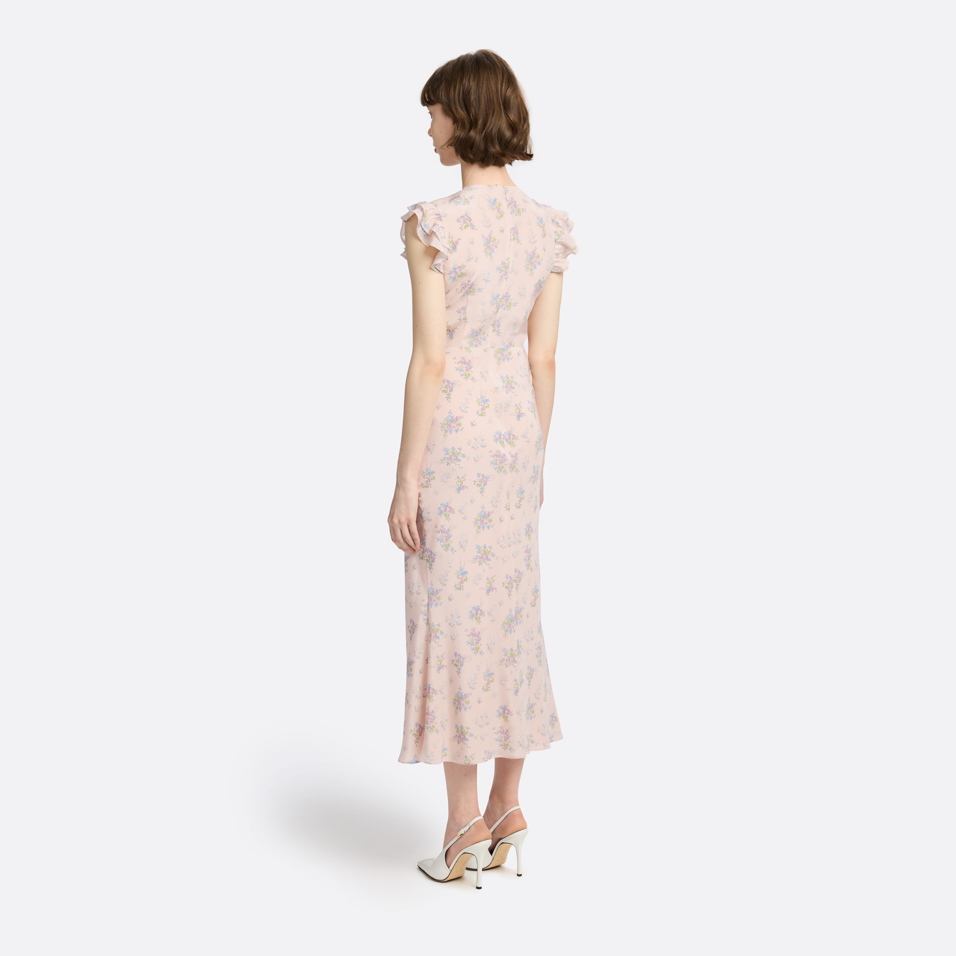 Alessandra Rich Dresses robe midi soie rose fleurie volants