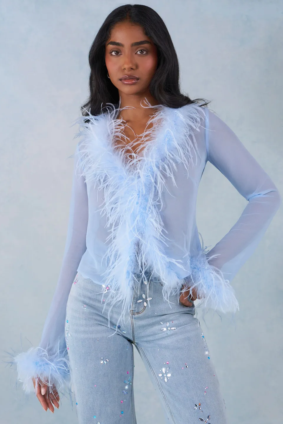 Oh Polly Elisia top plumes bleu clair chiffon