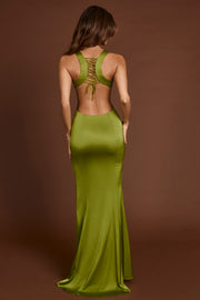 Oh Polly Vittoria robe maxi olive satin dos lacets
