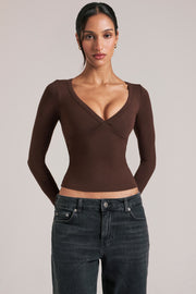 Oh Polly haut col V manches longues chocolate brown modal