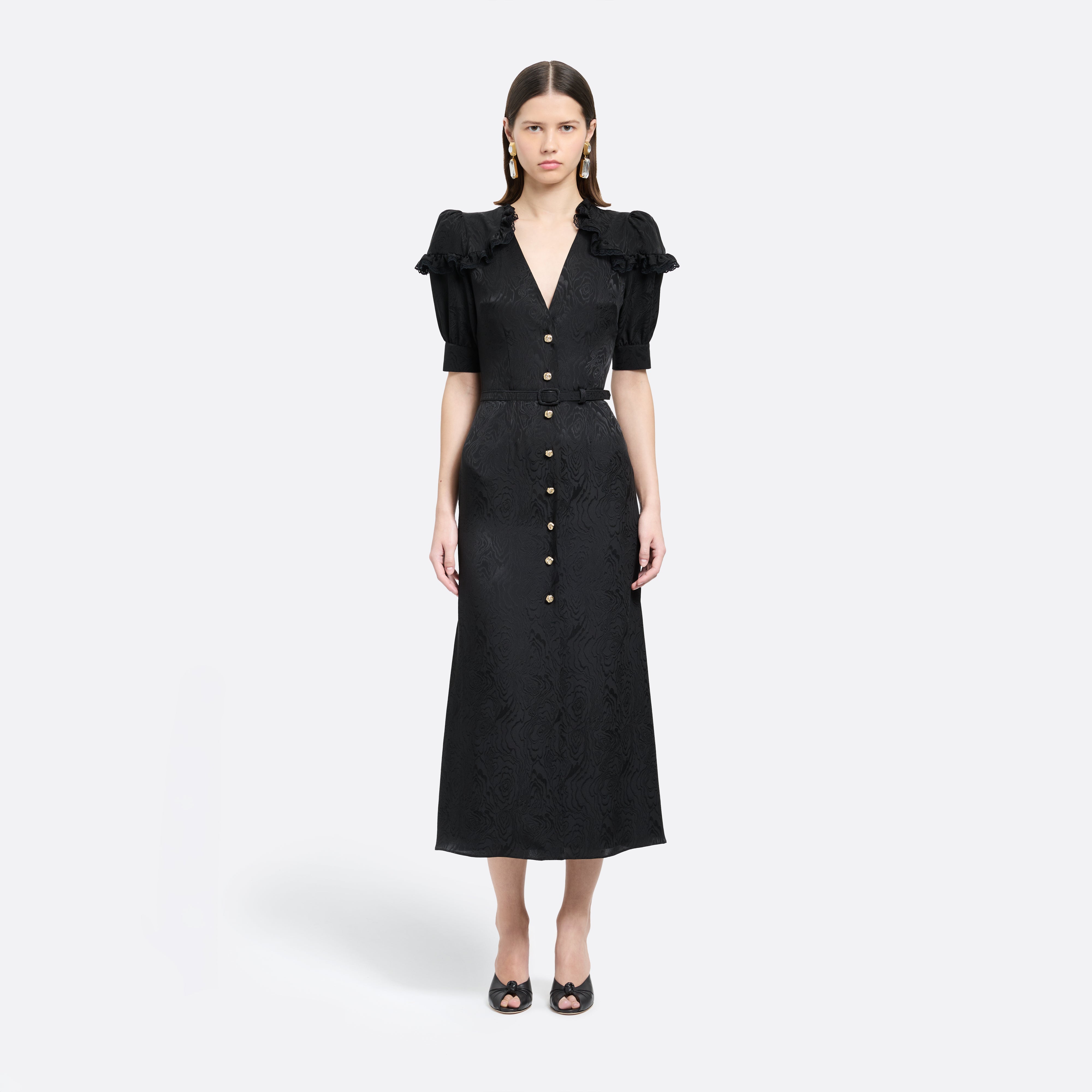 Alessandra Rich Silk Jacquard Midi V-Neckline robe midi noire soie