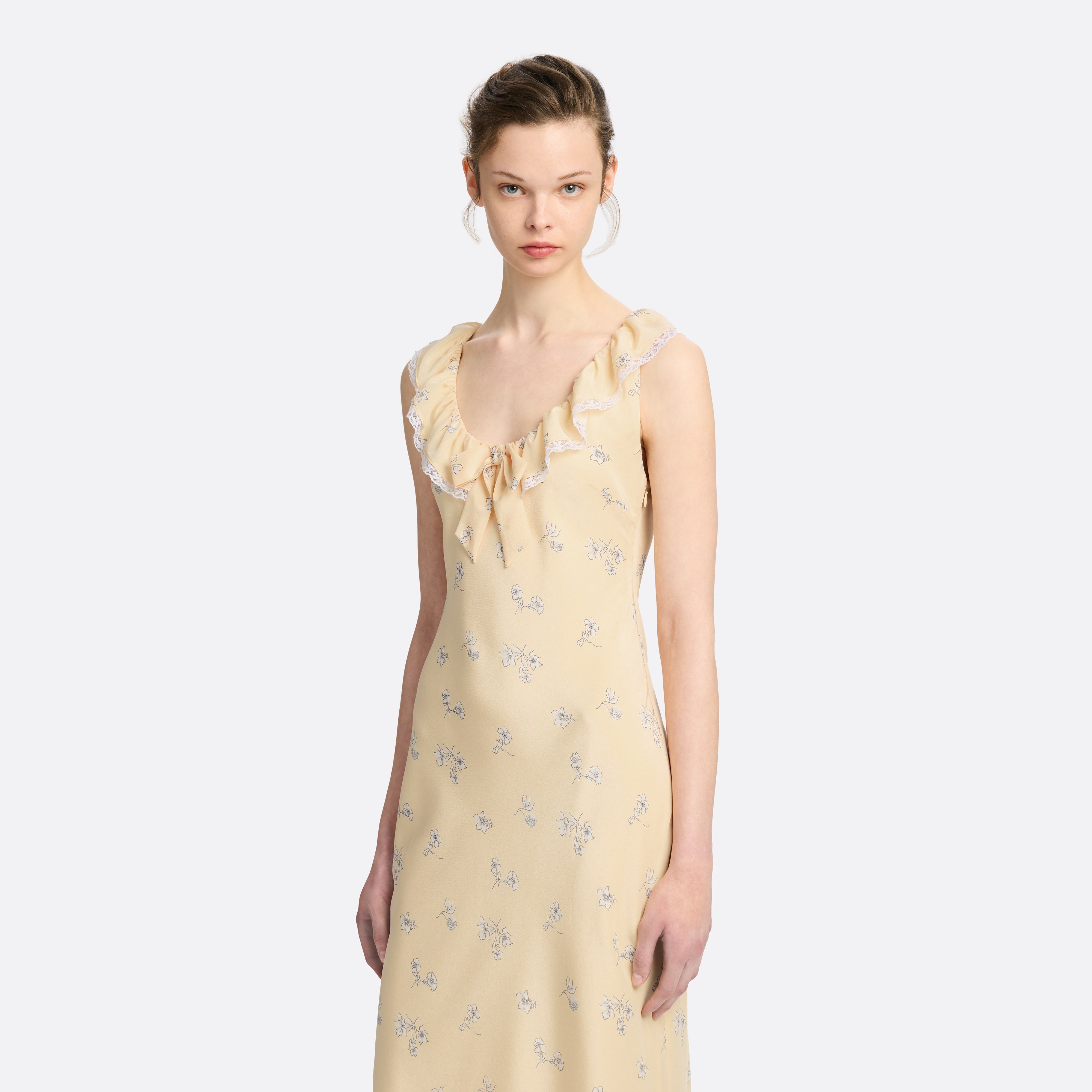 Alessandra Rich Silk Slip robe midi jaune pâle fleurie