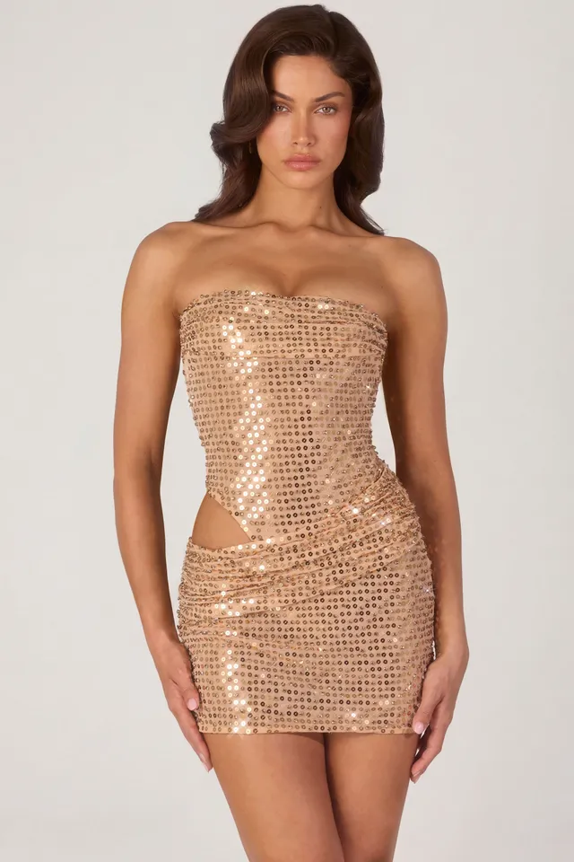 Oh Polly Rania Robe Mini Strass Dorée Moulante