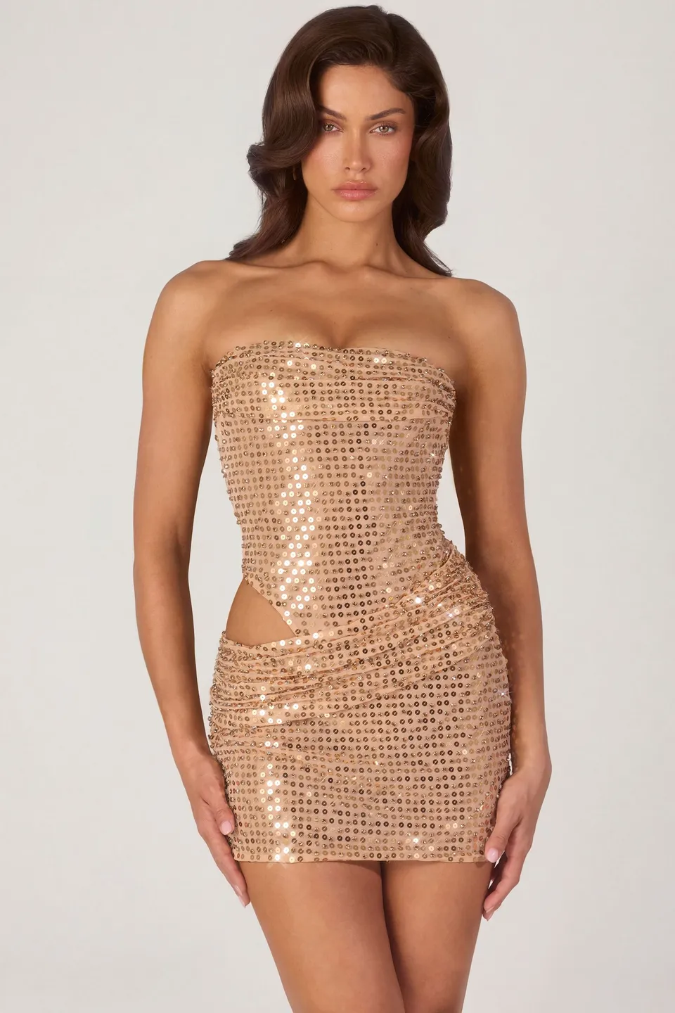 Oh Polly Rania Robe Mini Strass Dorée Moulante