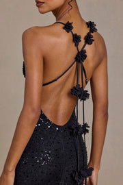 Oh Polly Embellished Plunge Gown robe noire sequins fleurs