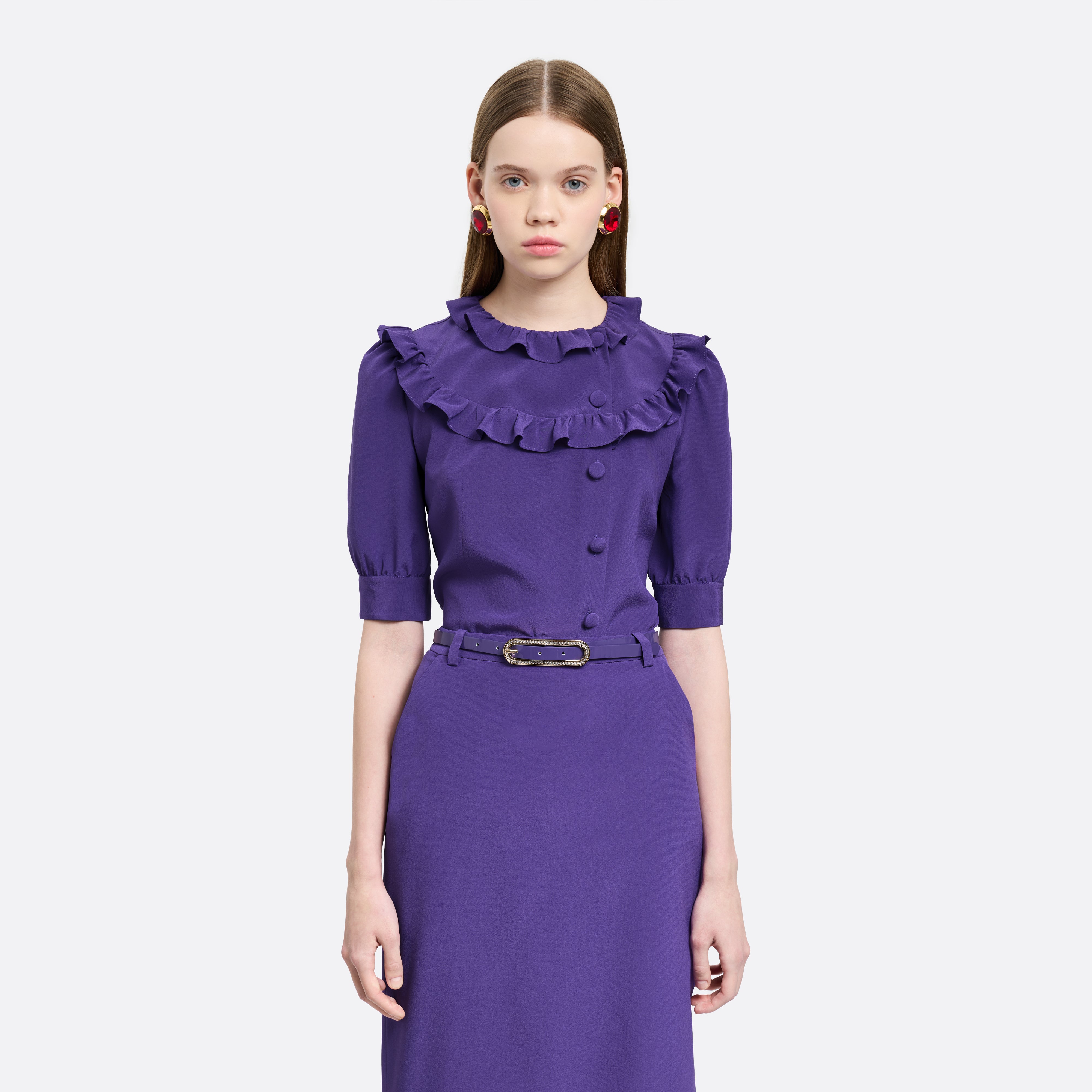 Alessandra Rich Silk Blouse with Ruffles chemisier violet soie
