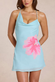 Oh Polly Marielle Mini Robe Bleu Fleuri Chiffon Dos Nu