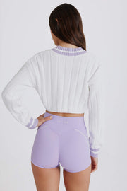 Oh Polly pull torsadé coton cropped lilas ivoire col V