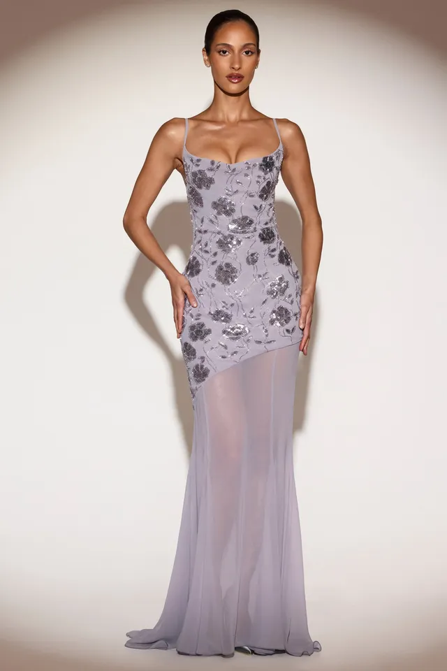 Oh Polly Amarelle robe longue lilas sequins dos nu