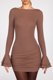 Oh Polly Helena robe mini marron manches longues