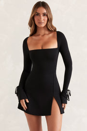 Oh Polly Baize robe mini noire col carré manches longues