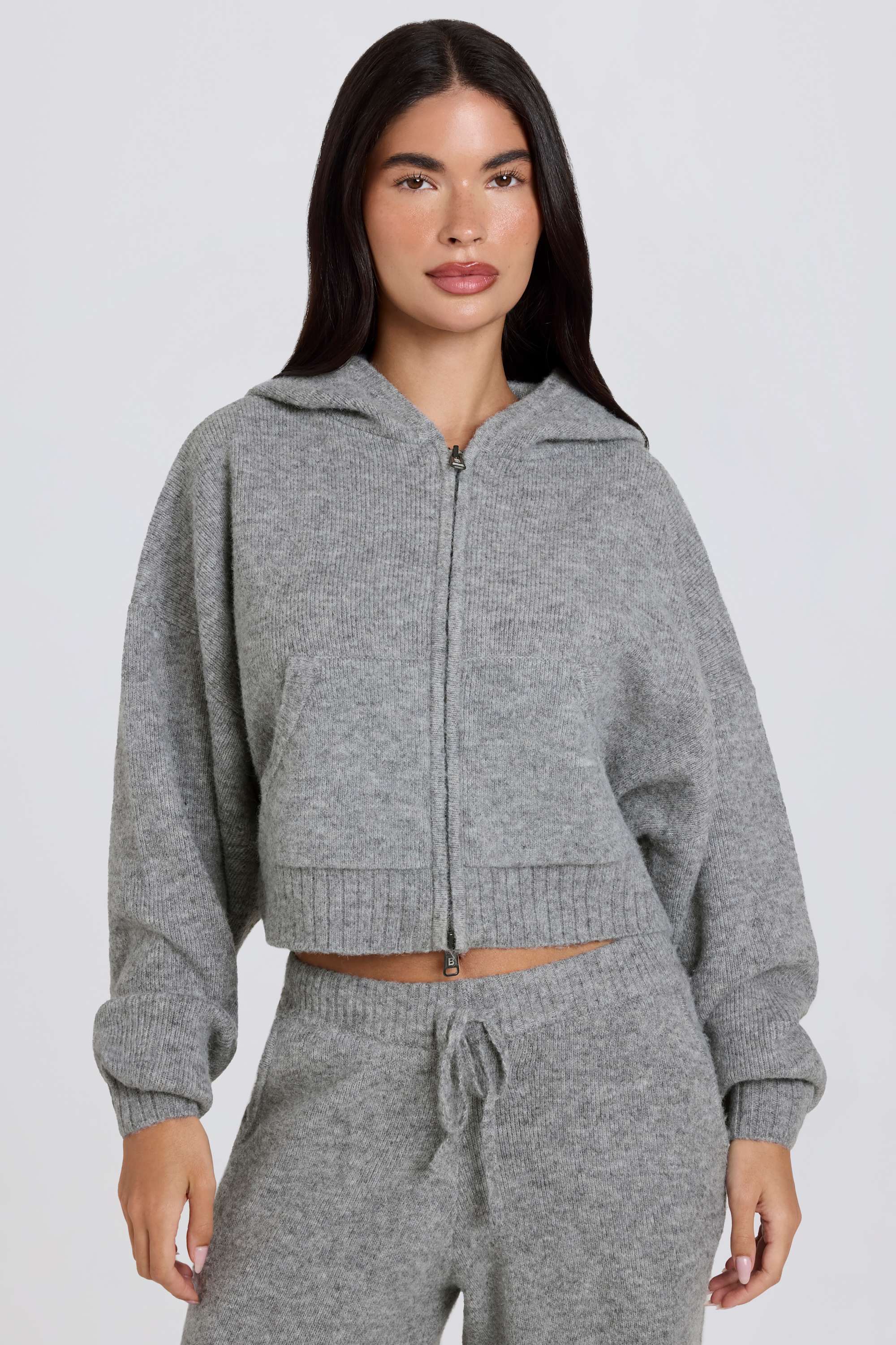 Oh Polly sweat zippé BT02527 hoodie court gris maille douce