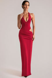 Oh Polly Deep Plunge Halterneck robe longue rouge cerise découpe