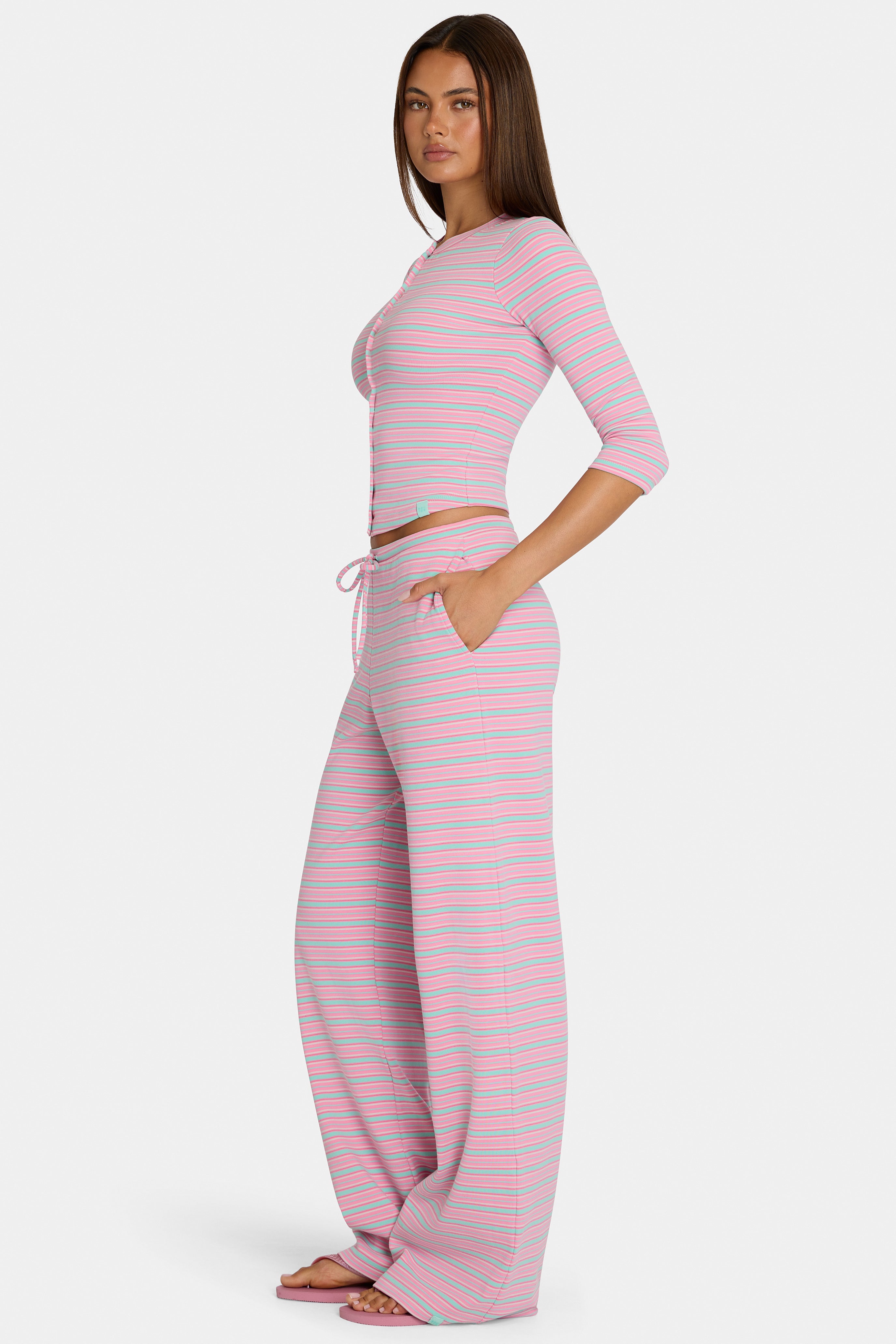 Oh Polly Bo+Tee pantalon large jersey multi stripe