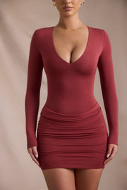 Oh Polly Eilise Robe mini manches longues rouge brique