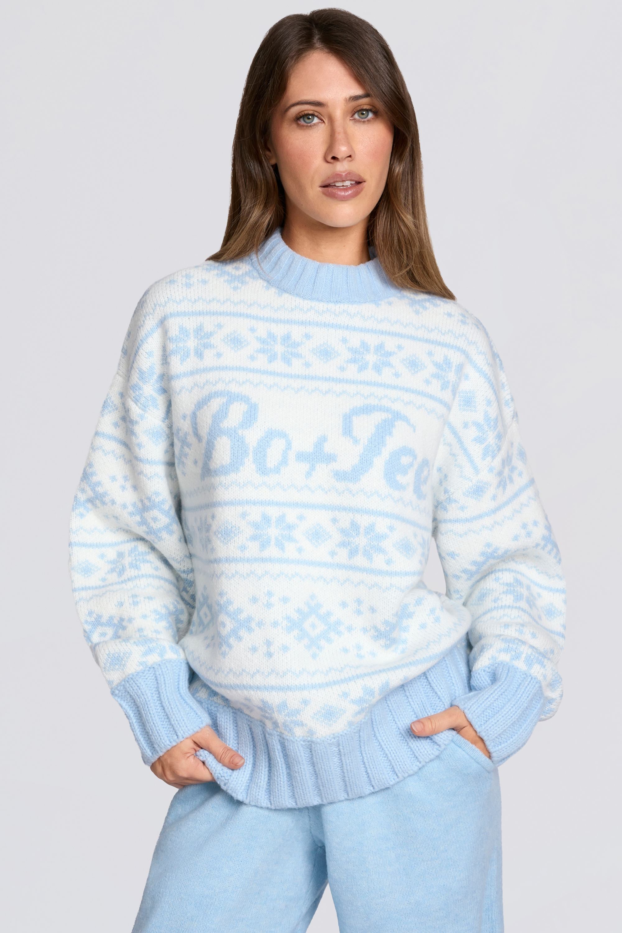 Oh Polly Knitwear Pull Jacquard Oversize Bleu Poudre Laine