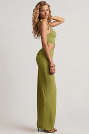Oh Polly Imara robe maxi vert olive asymétrique fente