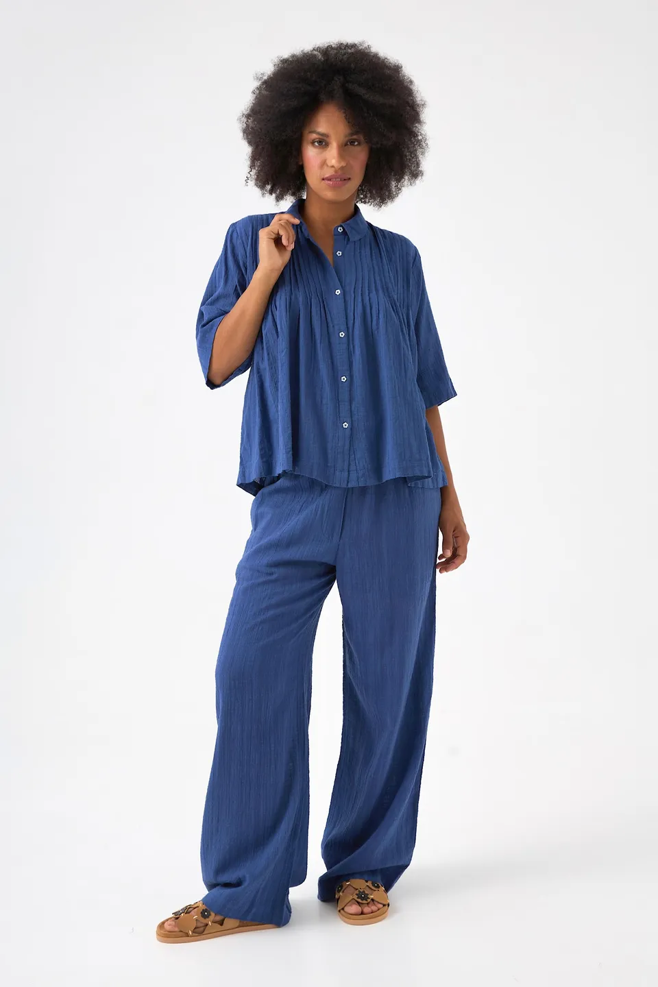 Chicosoleil Curtis pantalon large bleu drône coton