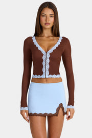 Oh Polly Laksila gilet court dentelle marron cocoa
