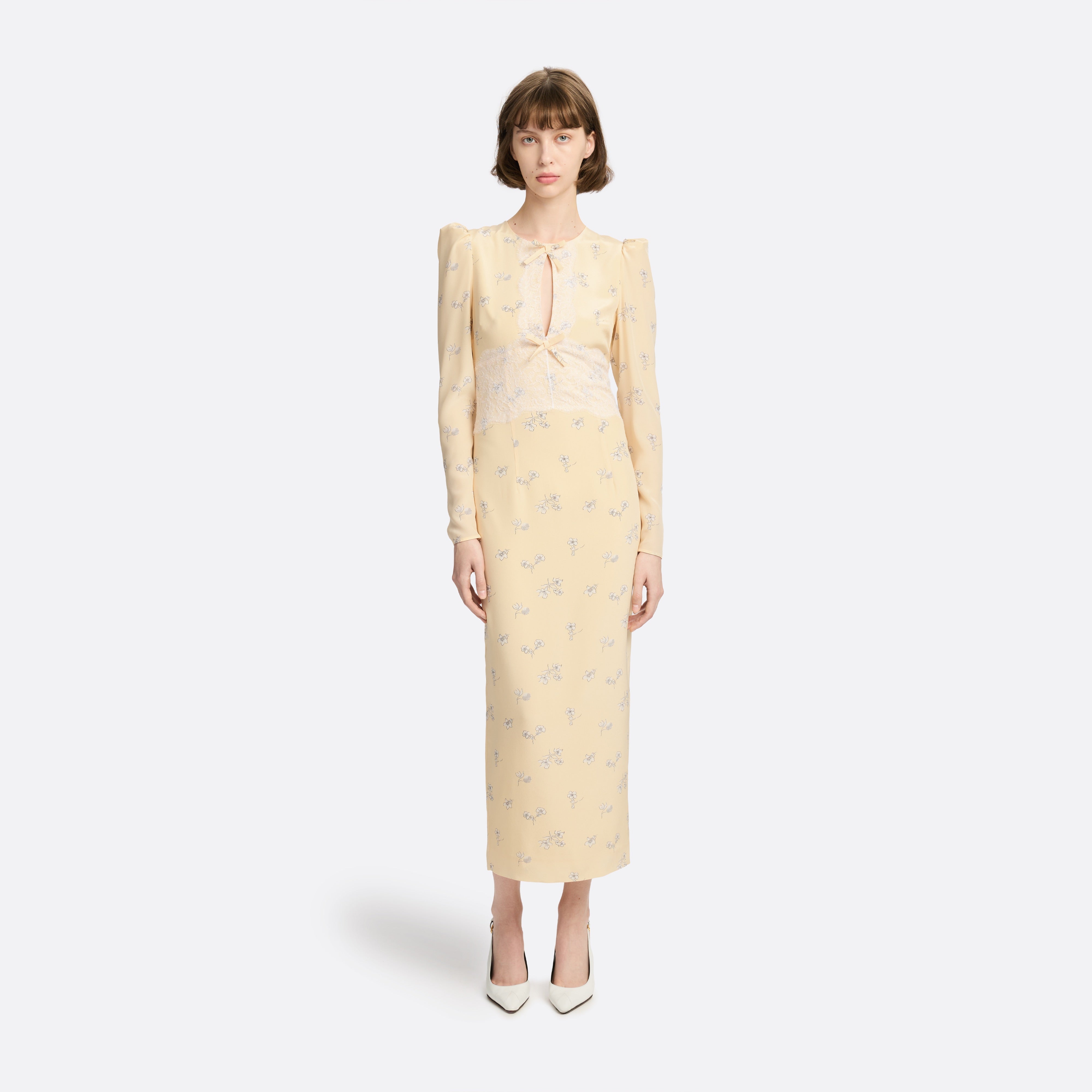 Alessandra Rich Silk Midi Dress With Lace Detail robe jaune pâle 40